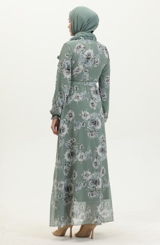 Gül Desenli Kuşaklı Şifon Elbise 81832-03 Mint Yeşili