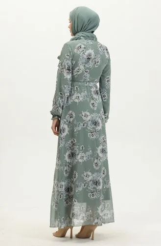 فستان شيفون منقوش بحزام 81832-03 أخضر مينت 81832-03