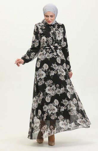 Robe Mousseline A Motifs Et Ceinturée 81832-01 Noir 81832-01