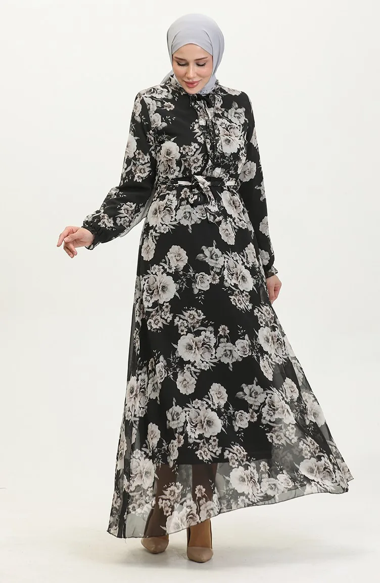 Robe Mousseline A Motifs Et Ceinturée 81832-01 Noir 81832-01