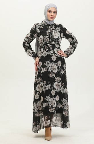 Robe Mousseline A Motifs Et Ceinturée 81832-01 Noir 81832-01