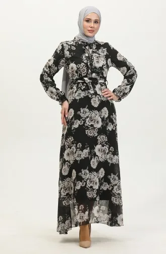 Robe Mousseline A Motifs Et Ceinturée 81832-01 Noir 81832-01