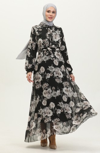 Robe Mousseline A Motifs Et Ceinturée 81832-01 Noir 81832-01