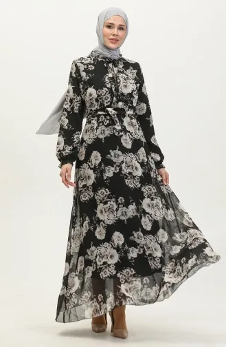 Robe Mousseline A Motifs Et Ceinturée 81832-01 Noir 81832-01