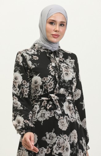 Robe Mousseline A Motifs Et Ceinturée 81832-01 Noir 81832-01