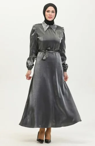 Lurex Linnen Jurk Met Riem 81857-02 Gerookt 81857-02