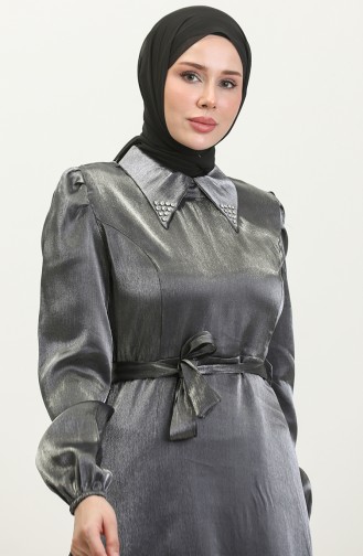 Simli Keten Kuşaklı Elbise 81857-02 Füme