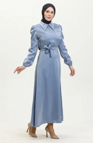 Lurex Linnen Jurk Met Riem 81857-04 Indigo 81857-04