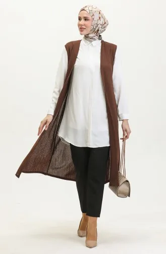 Sade Dökümlü Uzun Yelek 8726-05 Kahverengi