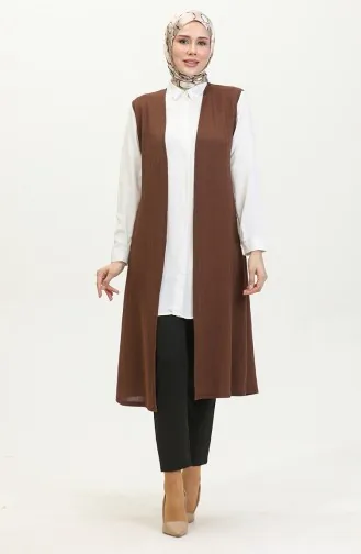 Sade Dökümlü Uzun Yelek 8726-05 Kahverengi