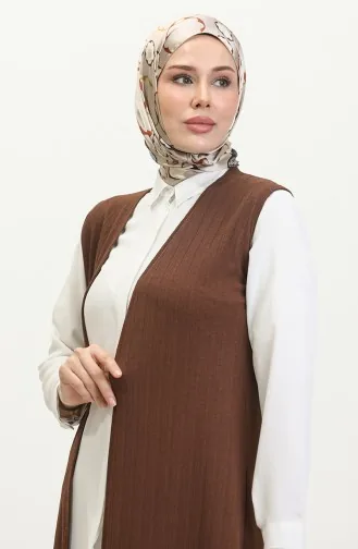 Sade Dökümlü Uzun Yelek 8726-05 Kahverengi