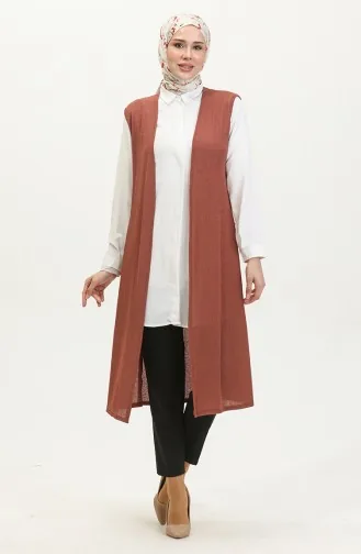 Sade Dökümlü Uzun Yelek 8726-03 Koyu Kiremit