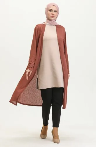 Sade Dökümlü Uzun Hırka 8727-03 Koyu Kiremit