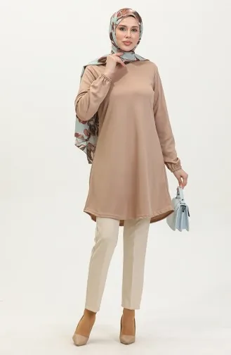 Plain Flowy Tunic With Elastic Sleeve End 8721-03 Powder 8721-03