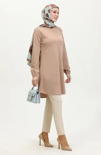 Plain Flowy Tunic With Elastic Sleeve End 8721-03 Powder 8721-03