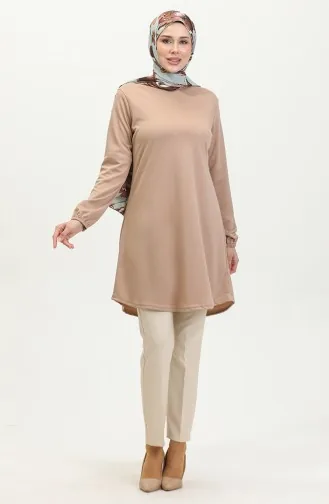 Plain Flowy Tunic With Elastic Sleeve End 8721-03 Powder 8721-03