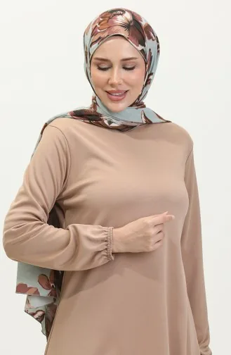 Plain Flowy Tunic With Elastic Sleeve End 8721-03 Powder 8721-03