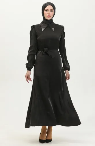 Simli Keten Kuşaklı Elbise 81857-01 Siyah