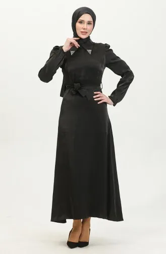 Simli Keten Kuşaklı Elbise 81857-01 Siyah