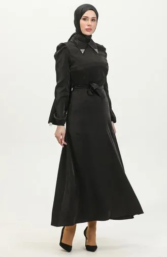 Simli Keten Kuşaklı Elbise 81857-01 Siyah