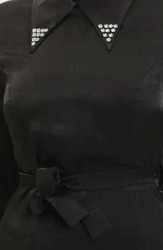 Simli Keten Kuşaklı Elbise 81857-01 Siyah