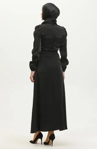 Simli Keten Kuşaklı Elbise 81857-01 Siyah