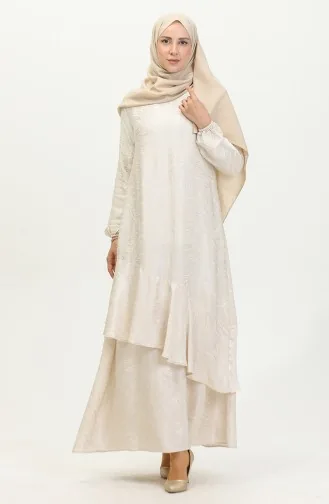Volan Detaylı Jakarlı Elbise 81866-05 Ekru