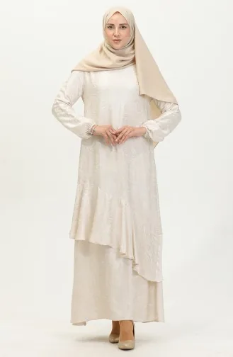Volan Detaylı Jakarlı Elbise 81866-05 Ekru