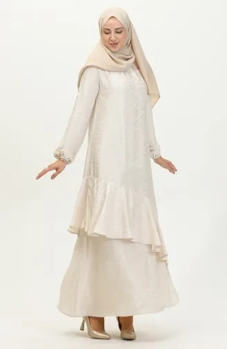 Volan Detaylı Jakarlı Elbise 81866-05 Ekru