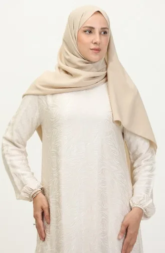 Volan Detaylı Jakarlı Elbise 81866-05 Ekru