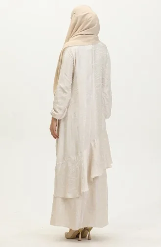 Volan Detaylı Jakarlı Elbise 81866-05 Ekru