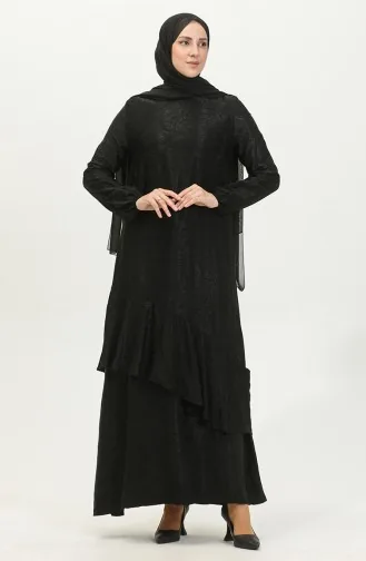 Volan Detaylı Jakarlı Elbise 81866-03 Siyah