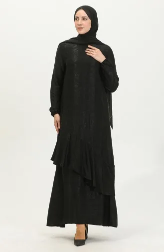 Volan Detaylı Jakarlı Elbise 81866-03 Siyah