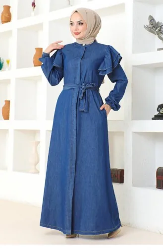 Abaya Bouton D`Épaule À Volants Bleu Foncé 19204 15229