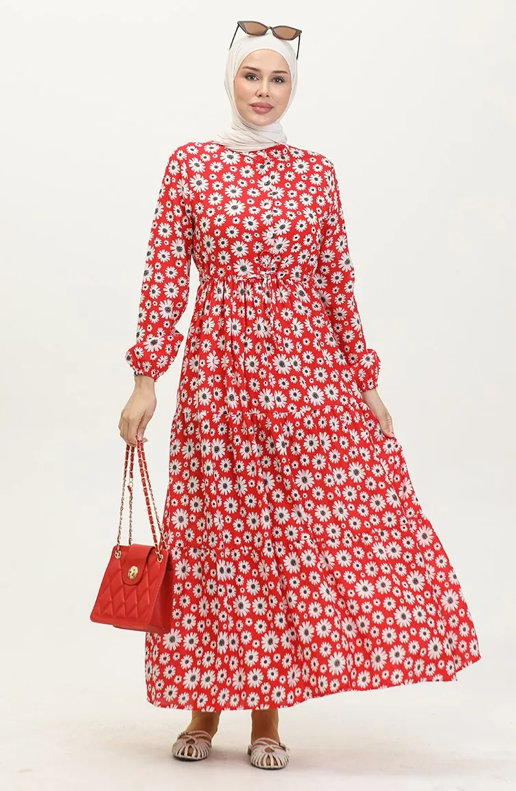 Viskosekleid Mit Gänseblümchenmuster 0416-03 Rot 0416-03