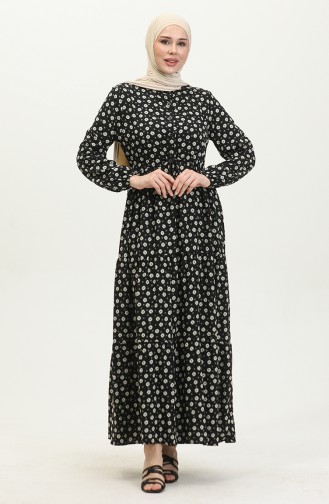 Little Daisy Pattern Viscose Dress 0415-01 Black Khaki 0415-01
