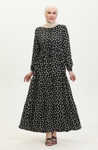 Little Daisy Pattern Viscose Dress 0415-01 Black Khaki 0415-01