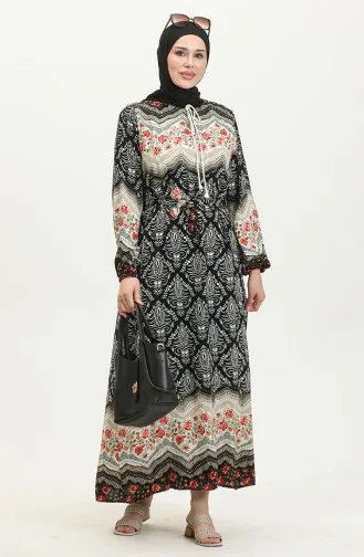 Renk Garnili Viskon Elbise 0418-03 Siyah
