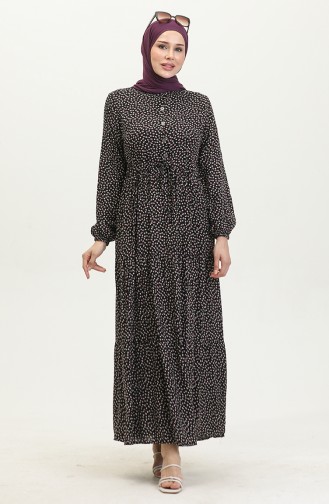 Desenli Viskon Elbise 0419-05 Siyah