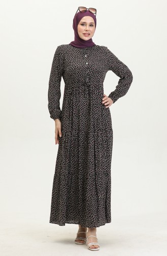 Desenli Viskon Elbise 0419-05 Siyah