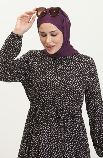 Desenli Viskon Elbise 0419-05 Siyah