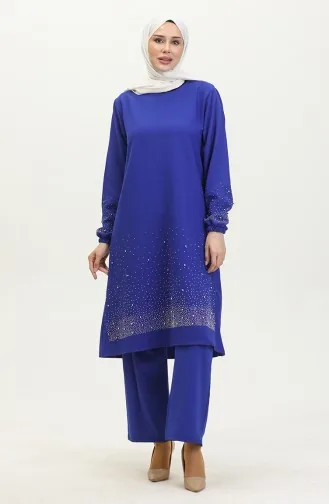 Taş Baskılı Araboy Abiye Tunik Pantolon İkili Takım 0409-03 Saks