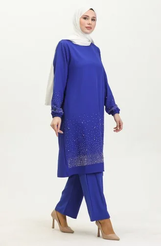 Taş Baskılı Araboy Abiye Tunik Pantolon İkili Takım 0409-03 Saks