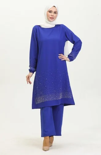 Taş Baskılı Araboy Abiye Tunik Pantolon İkili Takım 0409-03 Saks