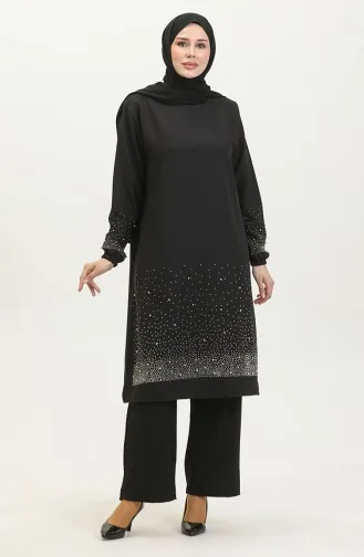 Stone Printed Midi Evening Two Piece Suit 0409-05 Black 0409-05