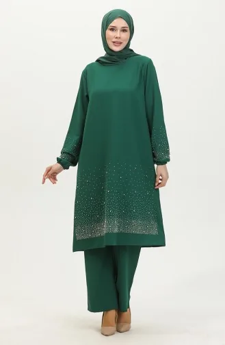Taş Baskılı Araboy Abiye Tunik Pantolon İkili Takım 0409-01 Zümrüt Yeşili