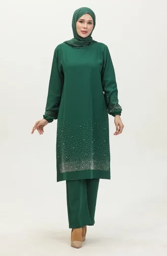 Taş Baskılı Araboy Abiye Tunik Pantolon İkili Takım 0409-01 Zümrüt Yeşili