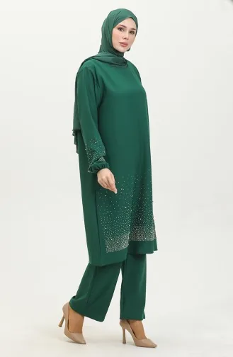 Taş Baskılı Araboy Abiye Tunik Pantolon İkili Takım 0409-01 Zümrüt Yeşili