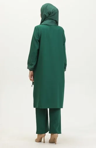 Taş Baskılı Araboy Abiye Tunik Pantolon İkili Takım 0409-01 Zümrüt Yeşili