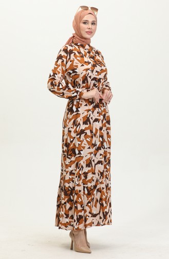 Viskosekleid Mit Gemischtem Muster Und Gürtel 0420-03 Braun 0420-03